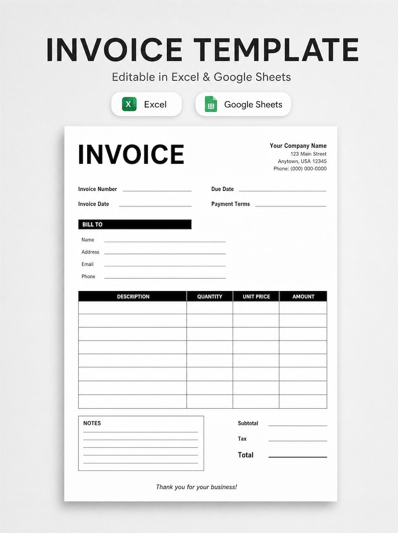 Invoice Template Editable | Small Business Invoice Excel & Google ...
