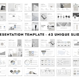 Puede incluir: Una plantilla de presentaci&oacute;n con 42 diapositivas &uacute;nicas. Las diapositivas est&aacute;n dise&ntilde;adas en un estilo minimalista con un esquema de color gris y blanco. Las diapositivas incluyen varios gr&aacute;ficos, diagramas y esquemas que se pueden utilizar para presentar datos e informaci&oacute;n.