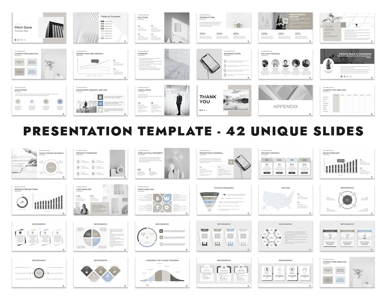 Puede incluir: Una plantilla de presentaci&oacute;n con 42 diapositivas &uacute;nicas. Las diapositivas est&aacute;n dise&ntilde;adas en un estilo minimalista con un esquema de color gris y blanco. Las diapositivas incluyen varios gr&aacute;ficos, diagramas y esquemas que se pueden utilizar para presentar datos e informaci&oacute;n.