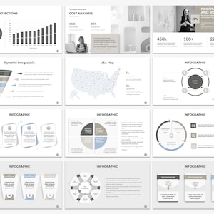 Puede incluir: Una presentaci&oacute;n de diapositivas con varias plantillas de infograf&iacute;as. Las diapositivas presentan diferentes tipos de gr&aacute;ficos, incluyendo gr&aacute;ficos de barras, gr&aacute;ficos circulares, gr&aacute;ficos de pir&aacute;mide y mapas. Las diapositivas est&aacute;n dise&ntilde;adas con un estilo minimalista con un esquema de color gris y blanco.