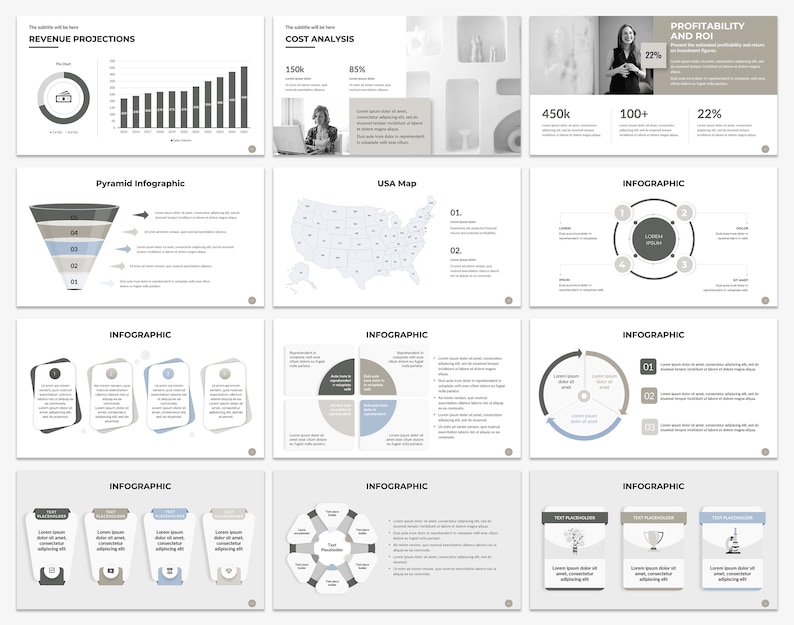 Puede incluir: Una presentaci&oacute;n de diapositivas con varias plantillas de infograf&iacute;as. Las diapositivas presentan diferentes tipos de gr&aacute;ficos, incluyendo gr&aacute;ficos de barras, gr&aacute;ficos circulares, gr&aacute;ficos de pir&aacute;mide y mapas. Las diapositivas est&aacute;n dise&ntilde;adas con un estilo minimalista con un esquema de color gris y blanco.