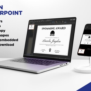 May include: A black and white swimming award certificate template displayed on a laptop screen and a smartphone. The certificate is editable in PowerPoint and features the text "Swimming Award" and "This certificate is awarded to Lincoln Jayden".