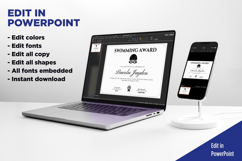 May include: A black and white swimming award certificate template displayed on a laptop screen and a smartphone. The certificate is editable in PowerPoint and features the text "Swimming Award" and "This certificate is awarded to Lincoln Jayden".