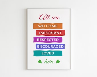 All are welcome here, Diversity Poster, Positive Classroom Decor, Inclusion, Classroom Inclusion, Printable wall art, Classroom print