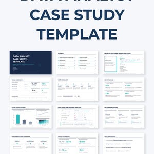 May include: A data analyst case study template with the title "DATA ANALYST CASE STUDY TEMPLATE" in dark blue. The template includes sections on data overview, methodology, key findings, data visualization, and expected impact.