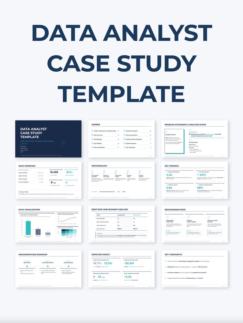 May include: A data analyst case study template with the title "DATA ANALYST CASE STUDY TEMPLATE" in dark blue. The template includes sections on data overview, methodology, key findings, data visualisation, and expected impact.