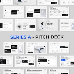 Może przedstawiać: Zestaw cyfrowych slajdów dla szablonu prezentacji Series A Pitch Deck. Slajdy mają czysty, nowoczesny design z biało-czarną kolorystyką. Tekst zawiera "Series A - Pitch Deck" i różne tematy biznesowe.