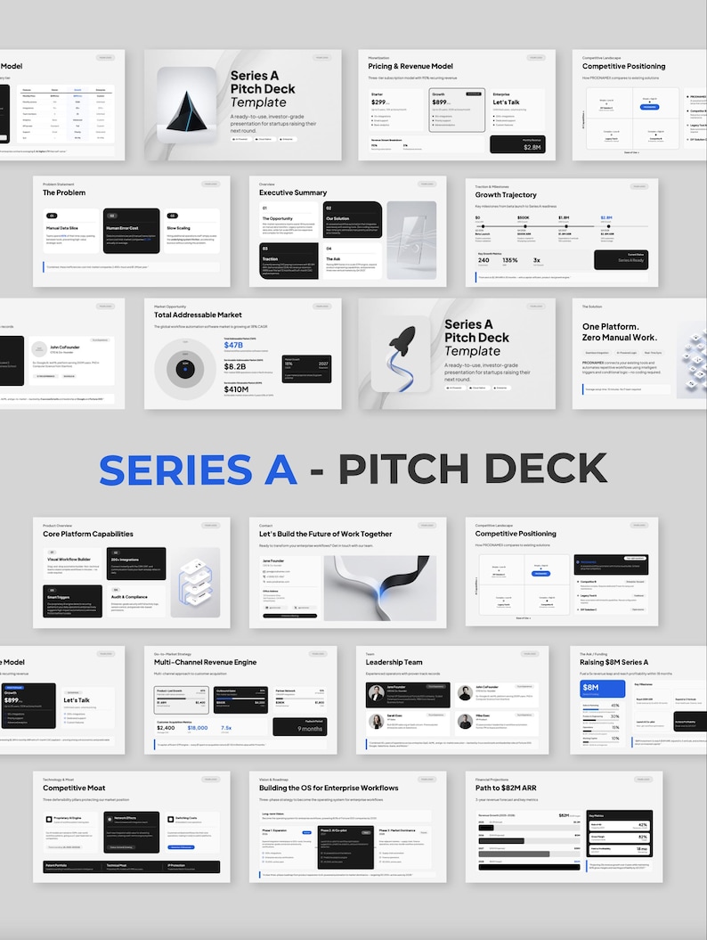 Może przedstawiać: Zestaw cyfrowych slajd&oacute;w dla szablonu prezentacji Series A Pitch Deck. Slajdy mają czysty, nowoczesny design z biało-czarną kolorystyką. Tekst zawiera "Series A - Pitch Deck" i r&oacute;żne tematy biznesowe.
