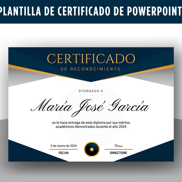 Español, Plantilla de certificado editable PowerPoint, Certificado de logro, Finalización, Premio, Capacitación.