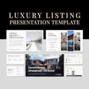 以下が含まれることがあります： 太字のセリフ体フォントで「LUXURY LISTING PRESENTATION TEMPLATE」というテキストが入ったプレゼンテーションテンプレート。このテンプレートには、「A Refined Approach to Selling Your Home」や「Luxury Homes」など、高級住宅の販売に関するテキストと画像のスライドが含まれています。