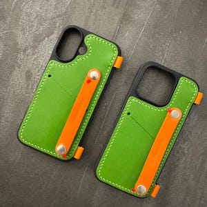 Étui pour iPhone en cuir fait main avec cordon – vert et orange | Design minimaliste | Parfait pour un usage quotidien