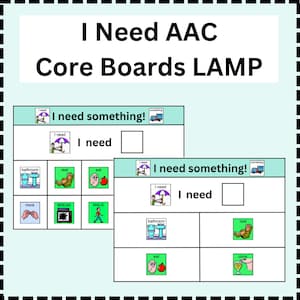 Puede incluir: Dos tableros de comunicación verde y blanco con el texto "¡Necesito algo!" y "Necesito" con varias imágenes y texto como "baño", "descanso", "comer", "más", "descanso", "caminar", "beber".