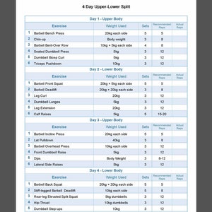 Men&#39;s & Women&#39;s 4-Day Exercise Training Log