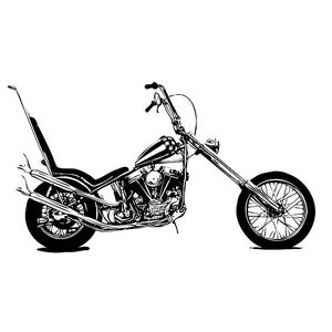May include: Black and white line drawing of a classic chopper motorcycle. The motorcycle has a long, low frame and a large front wheel.