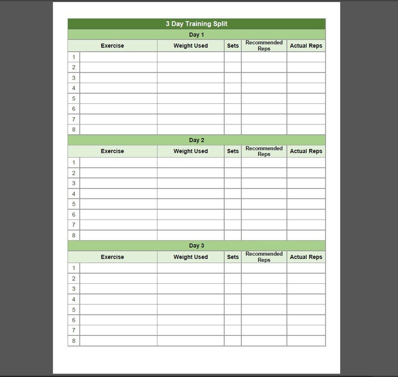 Printable 3 day Weight Training Log Etsy UK