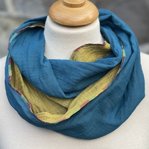 Może przedstawiać: Dwustronny szalik typu infinity w kolorze niebiesko-zielonym i oliwkowym. Szalik jest ułożony na manekinie. Krawędzie wykończone są kolorową, tęczową lamówką. Szalik wykonany jest z miękkiej, lekkiej tkaniny.