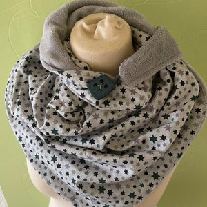 Two-layer cotton and fleece wrap scarf with button