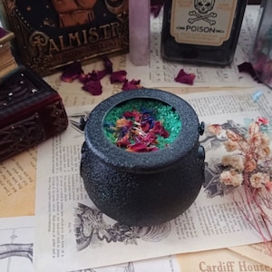 Può includere: Un calderone nero con un interno verde pieno di fiori e erbe secche. Il calderone è seduto su un tavolo con un libro e altri oggetti decorativi.