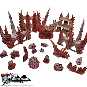 May include: A collection of red and brown alien-themed wargaming terrain pieces, including several arched wall sections with spiked protrusions, jagged rock formations, and small organic-looking debris clusters with textured, porous surfaces.