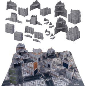 May include: A collection of grey miniature building ruins and modular wall sections for tabletop gaming. The set includes various damaged structures, corner pieces, and rectangular storage crates, shown both as individual pieces and assembled.