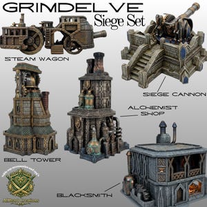 May include: The Grimdelve Siege Set includes a steam wagon, a siege cannon on a stone platform, a bell tower, an alchemist shop with copper pipes, and a blacksmith building. Each miniature structure features weathered stone, metal textures, and intricate details.