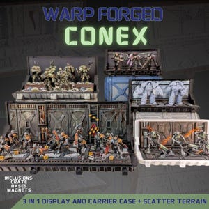May include: A Warp Forged Conex 3-in-1 display and carrier case with scatter terrain, featuring multiple miniature figures in various poses. The set includes crates, bases, and magnets, with gray and metallic structural elements and painted figures.