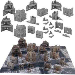 May include: A collection of grey plastic miniature wargaming terrain pieces featuring gothic architectural elements like arched windows, rose windows, and ruined walls, shown both as individual unpainted components and as a painted set.