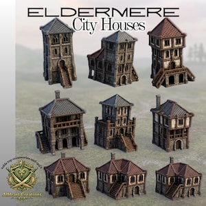 May include: A collection of miniature city houses in various architectural styles. The houses are primarily gray and brown, with detailed textures and staircases. The text "ELDERMERE City Houses" is at the top.