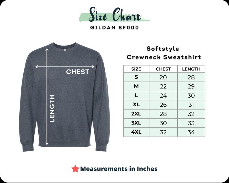 The image is a size chart for a crew neck sweatshirt, providing measurements for different chest sizes in inches.