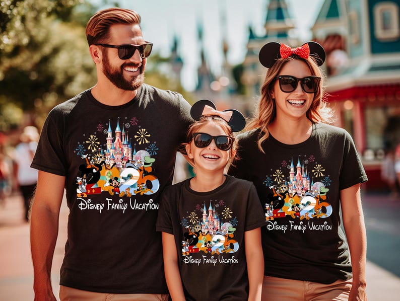 Peut inclure: Trois personnes portant des t-shirts noirs assortis avec un ch&acirc;teau Disney color&eacute; et un design de personnages. Les chemises comportent &eacute;galement le texte "2020 Disney Family Vacation". La famille sourit et porte des lunettes de soleil.