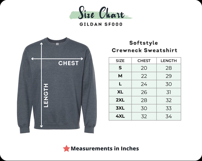 May include: A dark gray Softstyle crewneck sweatshirt with a size chart. The chart shows chest and length measurements in inches for sizes S to 4XL. The sweatshirt has a chest measurement of 20 inches for size S and 32 inches for size 4XL.