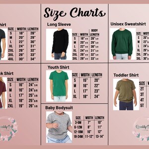 May include: Size chart graphic with measurements for various shirt styles, including unisex, long sleeve, sweatshirt, and youth shirts. Measurements are in inches. Also includes baby bodysuit and toddler shirt sizes.