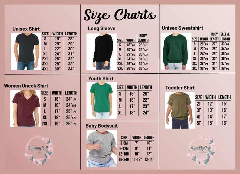 May include: Size chart graphic with measurements for various shirt styles, including unisex, long sleeve, sweatshirt, and youth shirts. Measurements are in inches. Also includes baby bodysuit and toddler shirt sizes.
