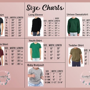 a collection of size charts for various clothing items, including a long sleeve shirt, a long sleeve sweater, a sweatshirt, a sweatshirt, a youth shirt, a toddler shirt, a women's unneck shirt, a youth shirt, a baby bodysuit, and a men's unneck shirt. The charts provide specific measurements for each item, such as waist, chest, and sleeve length, to help customers determine the appropriate size for their desired clothing item.
