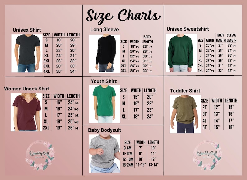 a collection of size charts for various clothing items, including a long sleeve shirt, a long sleeve sweater, a sweatshirt, a sweatshirt, a youth shirt, a toddler shirt, a women's unneck shirt, a youth shirt, a baby bodysuit, and a men's unneck shirt. The charts provide specific measurements for each item, such as waist, chest, and sleeve length, to help customers determine the appropriate size for their desired clothing item.