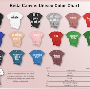 Puede incluir: Carta de colores para camisetas unisex Bella Canvas. La carta muestra 12 colores diferentes, incluyendo negro, blanco, gris jaspeado, jaspeado atl&eacute;tico, malva, rojo jaspeado, azul rey, melocot&oacute;n jaspeado, rosa, rojo, kelly jaspeado y kelly. La carta tambi&eacute;n incluye una tabla de tallas con medidas en pulgadas.