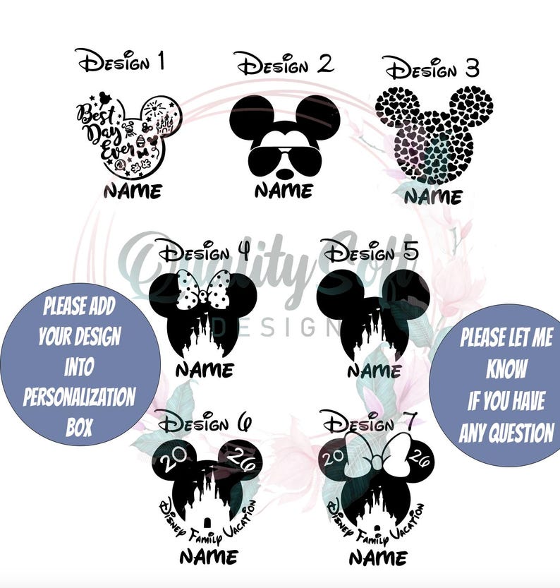 Puede incluir: Una colecci&oacute;n de siete dise&ntilde;os de cabeza de Mickey Mouse en blanco y negro. Cada dise&ntilde;o incluye la palabra "NAME" y varios gr&aacute;ficos, incluyendo gafas de sol, corazones y un castillo. El texto en la imagen incluye "Best Day Ever" y "Disney Family Vacation".