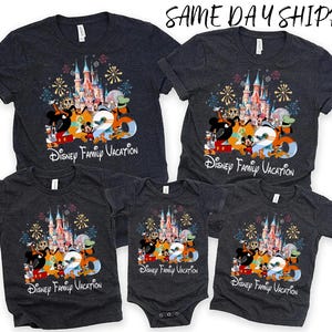 Peut inclure: T-shirts gris fonc&eacute; et un body avec un ch&acirc;teau Disney color&eacute;, des feux d'artifice et des personnages. Le texte "2020 Disney Family Vacation" est imprim&eacute; en dessous. Disponibles en plusieurs tailles, pour les vacances en famille.