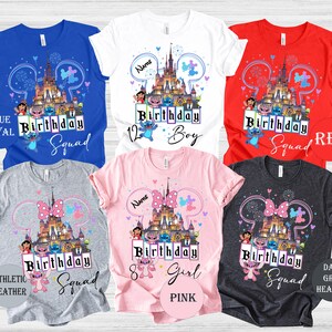 a collection of six birthday t-shirts, each with a unique design featuring a castle and various Disney characters. The t-shirts are arranged in a grid, with three on the top row and three on the bottom row. The designs and colors of the t-shirts vary, creating a visually appealing and diverse collection.