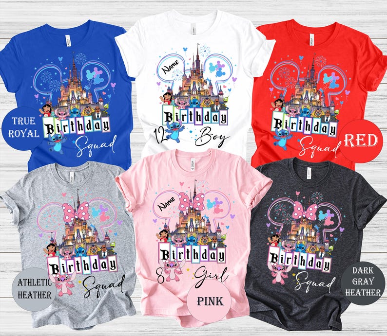 a collection of six birthday t-shirts, each with a unique design featuring a castle and various Disney characters. The t-shirts are arranged in a grid, with three on the top row and three on the bottom row. The designs and colors of the t-shirts vary, creating a visually appealing and diverse collection.