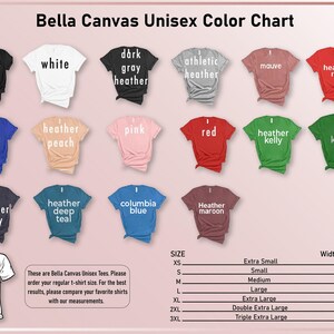 The image is a color chart for Bella Canvas t-shirts, displaying various color options and corresponding sizes.