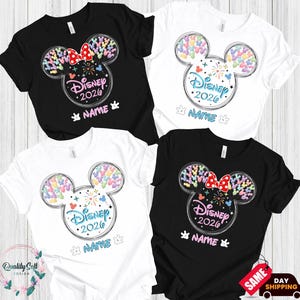 four Disney-themed t-shirts, each with a unique design featuring Mickey Mouse ears and the text "Disney 2020 NAME" printed on them.