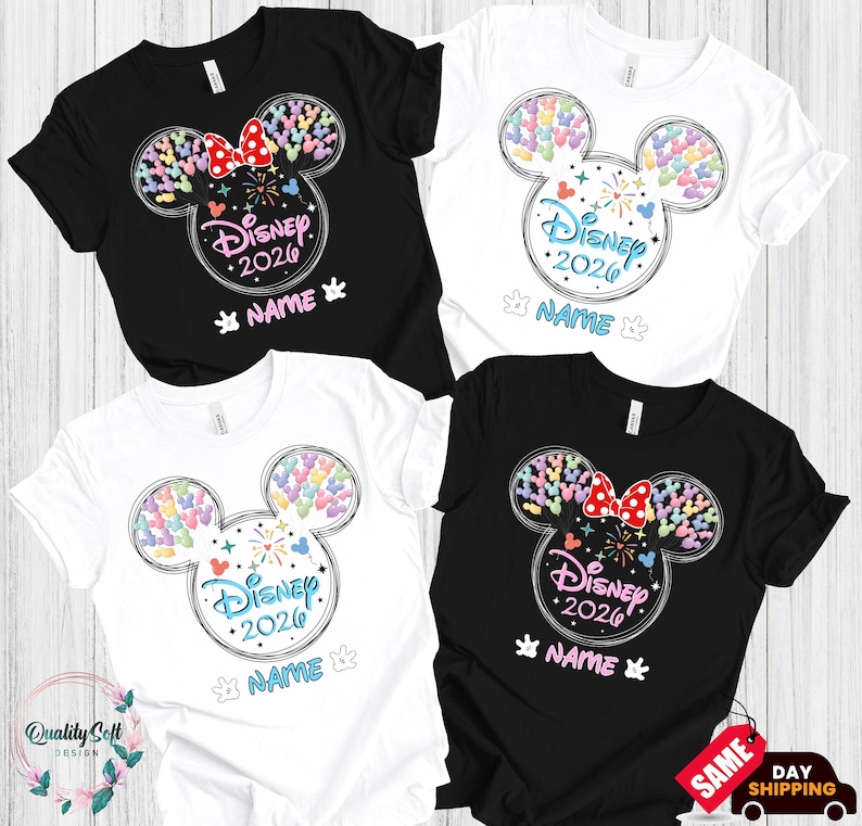 four Disney-themed t-shirts, each with a unique design featuring Mickey Mouse ears and the text "Disney 2020 NAME" printed on them.