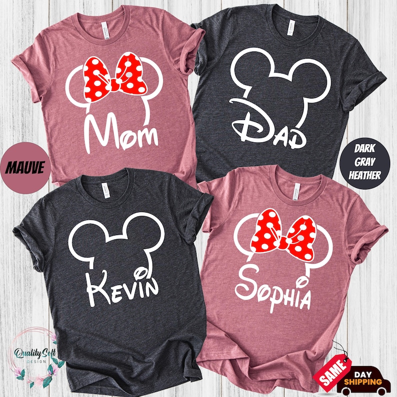 four t-shirts with the same design, featuring the names Kevin and Sophia along with the iconic Mickey Mouse ears. The t-shirts are in various colors, including pink, black, and gray.