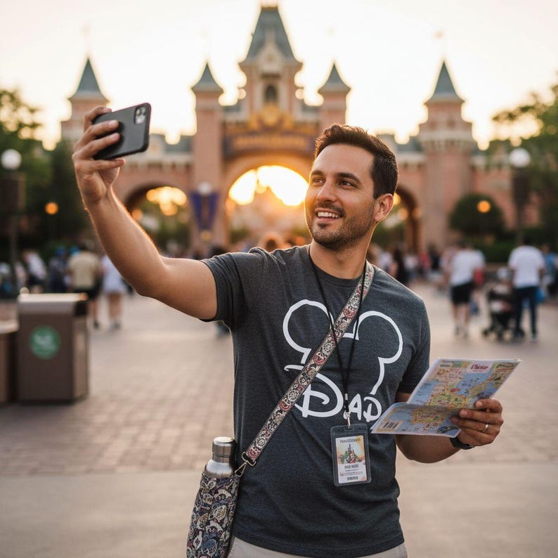 A man is taking a selfie with a smartphone in front of a Disney castle, holding a map and a water bottle.