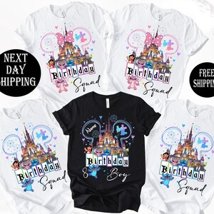 a collection of birthday t-shirts featuring Disney-themed designs, including a castle, Minnie Mouse, and other characters. The t-shirts are labeled as "Birthday Squad" and are available for free shipping.