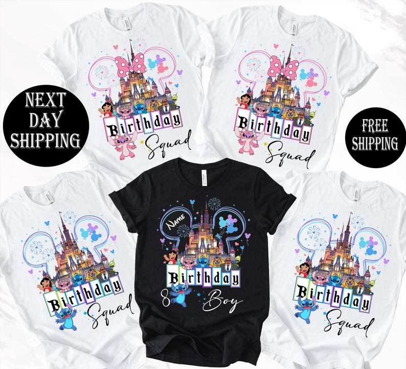 a collection of birthday t-shirts featuring Disney-themed designs, including a castle, Minnie Mouse, and other characters. The t-shirts are labeled as "Birthday Squad" and are available for free shipping.