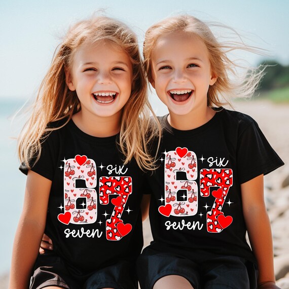 6 7 Valentines T-Shirt, Viral Social Media Tee, Little red hearts six seven shirt for kids