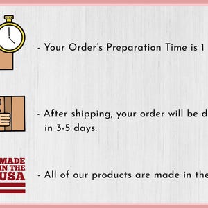 The image is a text-based illustration that provides information about the order preparation process and the company's commitment to quality. It includes icons representing shipping, a clock, and a hand, as well as text that describes the order preparation time and the company's guarantee of quality.