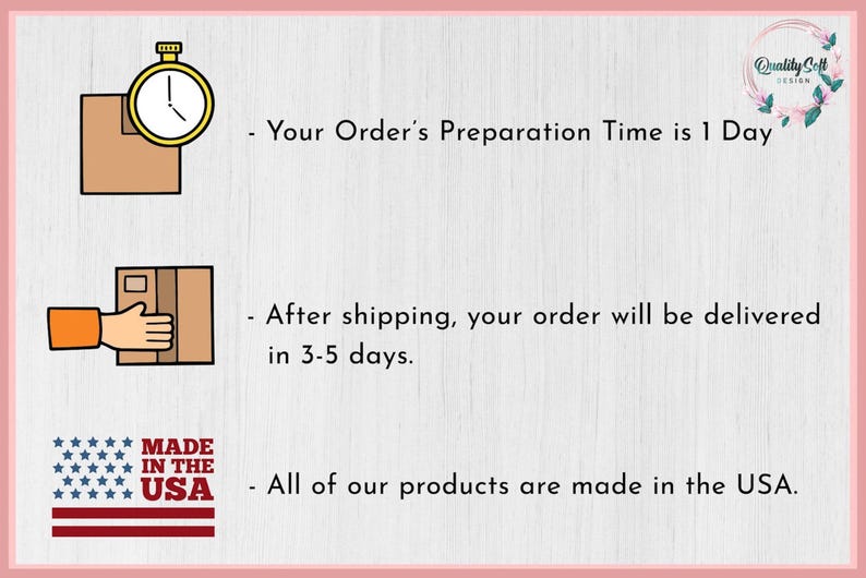 The image is a text-based illustration that provides information about the order preparation process and the company's commitment to quality. It includes icons representing shipping, a clock, and a hand, as well as text that describes the order preparation time and the company's guarantee of quality.